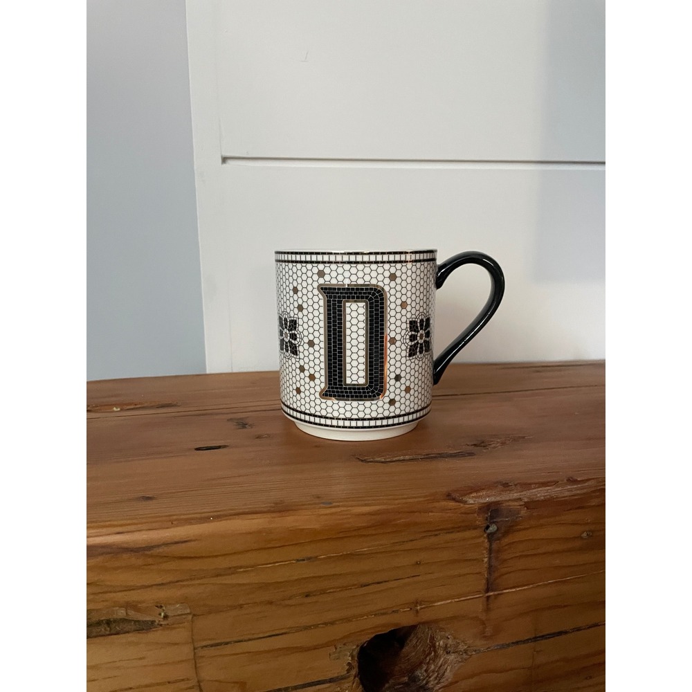 Anthropologie Tiled Margot Monogram Mug D White Black Gold Bistro Coffee Cup